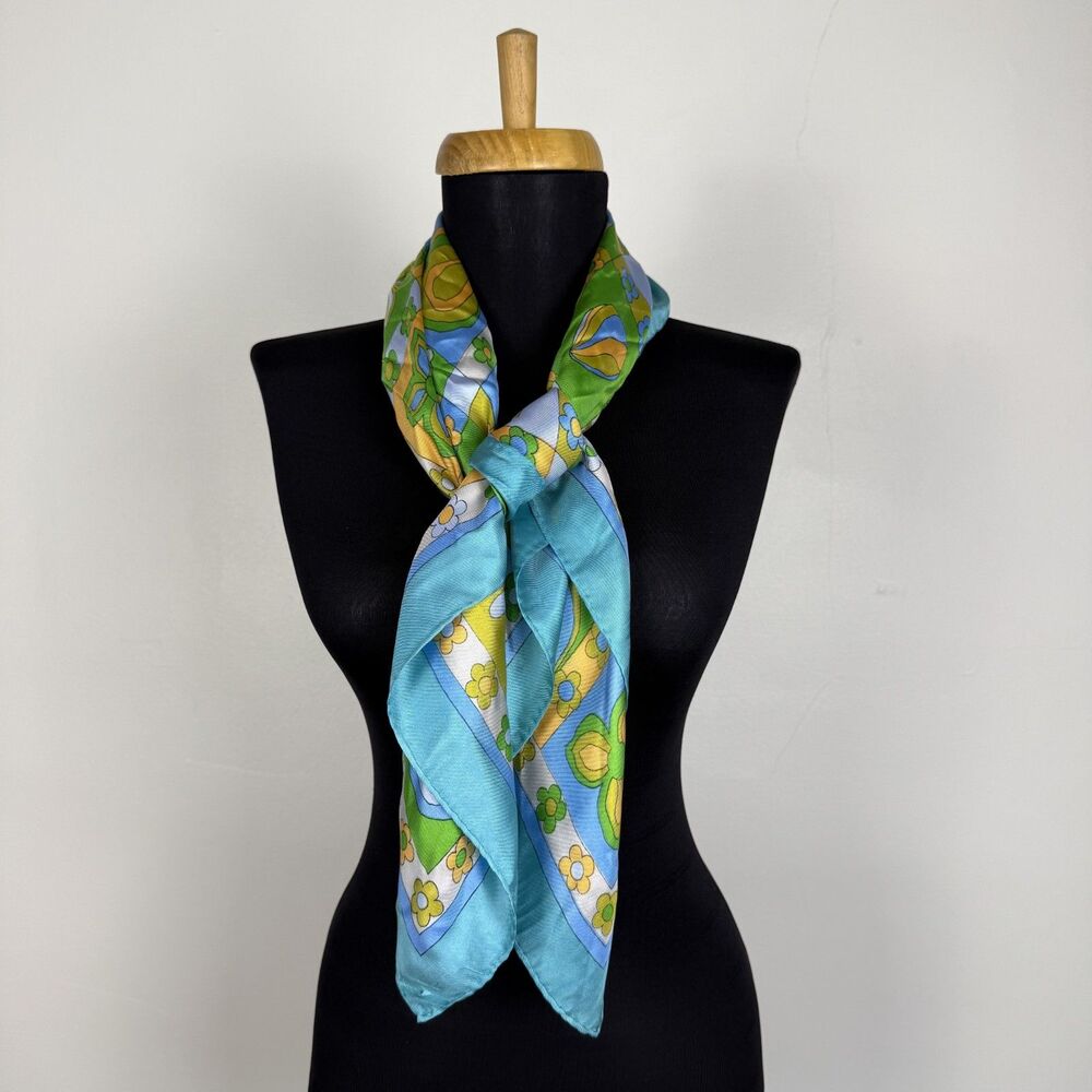 60s 70s Mod Floral Scarf Green Blue Yellow Retro Scarf